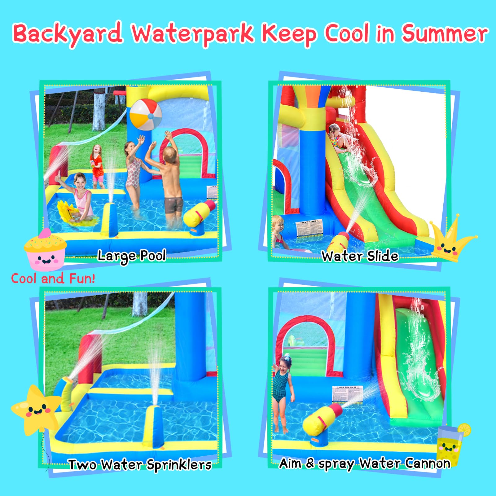 Baralir Inflatable Bounce House with Water Slide - Kids Outdoor Water Play Center with 4 Sprinklers & 2 Splash Pools, Fits 5 Children | Perfect for Backyard Parties, Summer Fun, Birthday Celebrations & Family Outdoor Activities