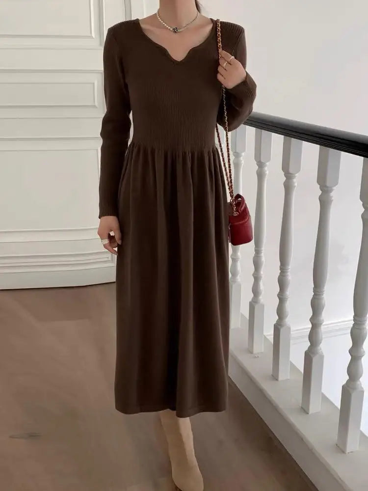Elegant V-Neck Long Sleeve Slim Knit Pleated Dress for Women | Autumn Winter Solid Casual A-Line Sweater Dress 2023 | French Simple Style for Office, Party & Date Night