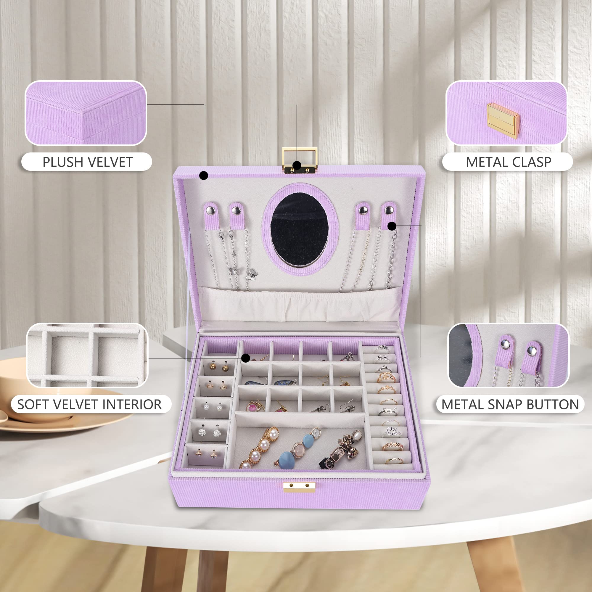 Dajasan Girls Jewelry Box Organizer with Mirror - Velvet Jewelry Storage Case for Kids & Teens - Perfect Christmas Birthday Gift for Little Girls (Purple) - Great for Bedroom Decor & Jewelry Organization