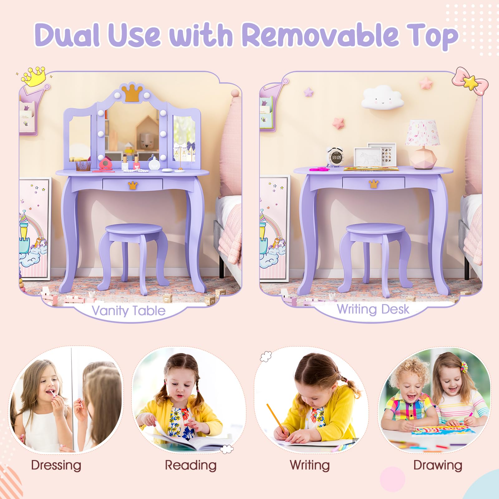 Costzon Kids Vanity Set with LED Lights & Stool - Princess Makeup Dressing Table with Mirror & Drawers for Girls - 2-in-1 Toddler Vanity Play Set (Violet) - Perfect for Pretend Play, Birthday Gifts & Bedroom Decor