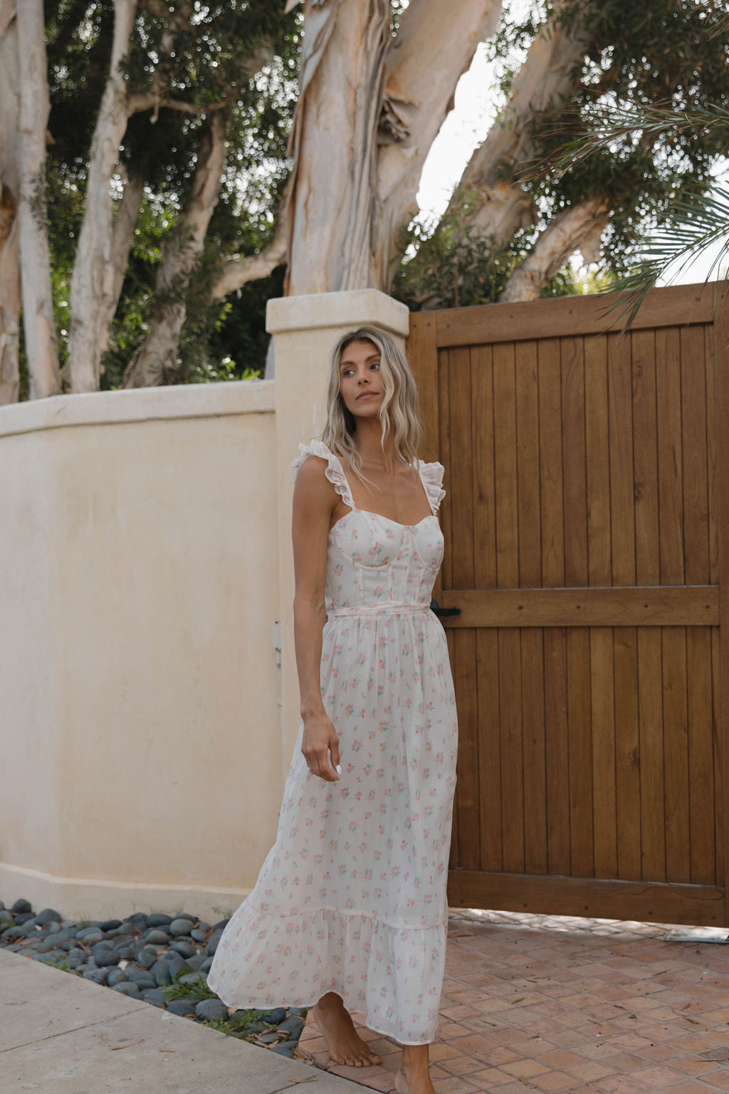 Rosamund Bustier Style Maxi Dress - Floral Blush Pink Women's Plus Size Dress (S-3XL) | Perfect for Weddings, Parties & Summer Vacations