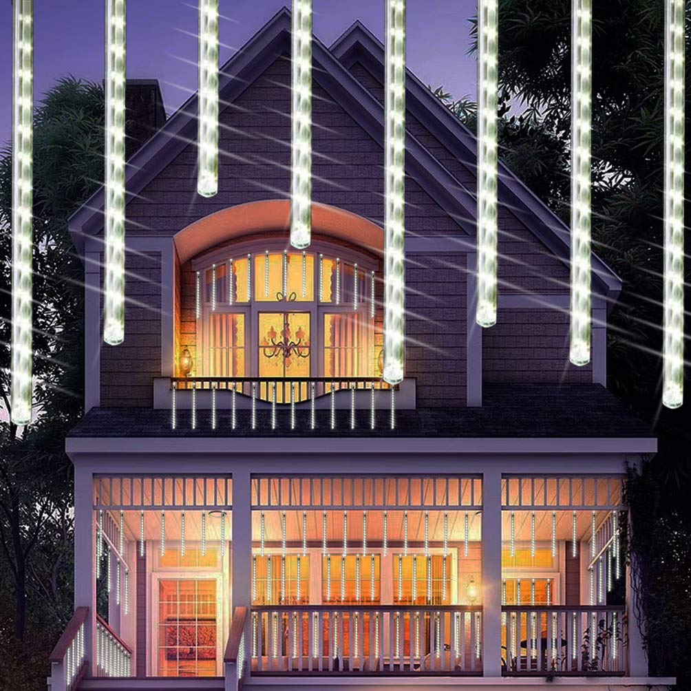 Lwind Meteor Shower Rain Lights - 30cm 8 Tubes 240 LED Icicle String Lights, Waterdrop Fairy Lights for Outdoor Christmas Halloween Party Decorations, Patio Garden Wedding Holiday Decoration (White) - Perfect for Creating Magical Atmosphere in Backyard, Porch, and Special Events