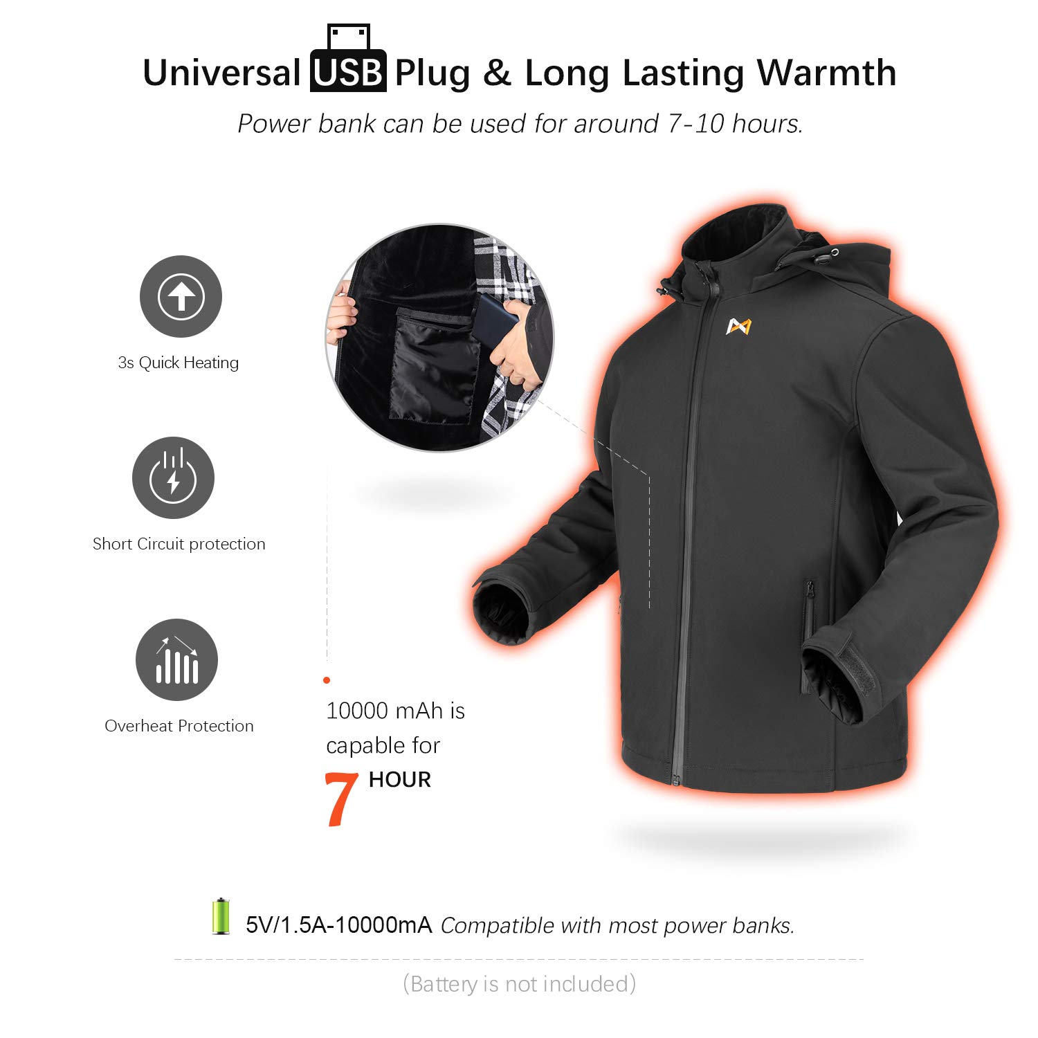 Heated Jacket for Men & Women - Winter Warm Electric Heated Coat with USB Charging - Perfect for Outdoor Activities, Camping, Hiking and Cold Weather