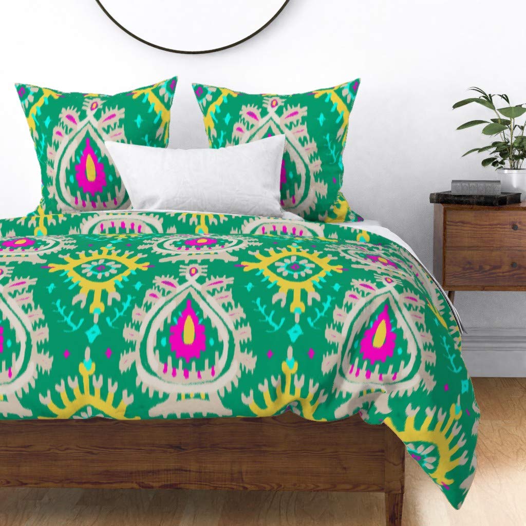 Custom Emerald Ikat Green Abstract Print Cotton Sateen Duvet Cover | Full/Queen Size | Spoonflower Premium Bedding | Perfect for Modern & Bohemian Bedroom Decor