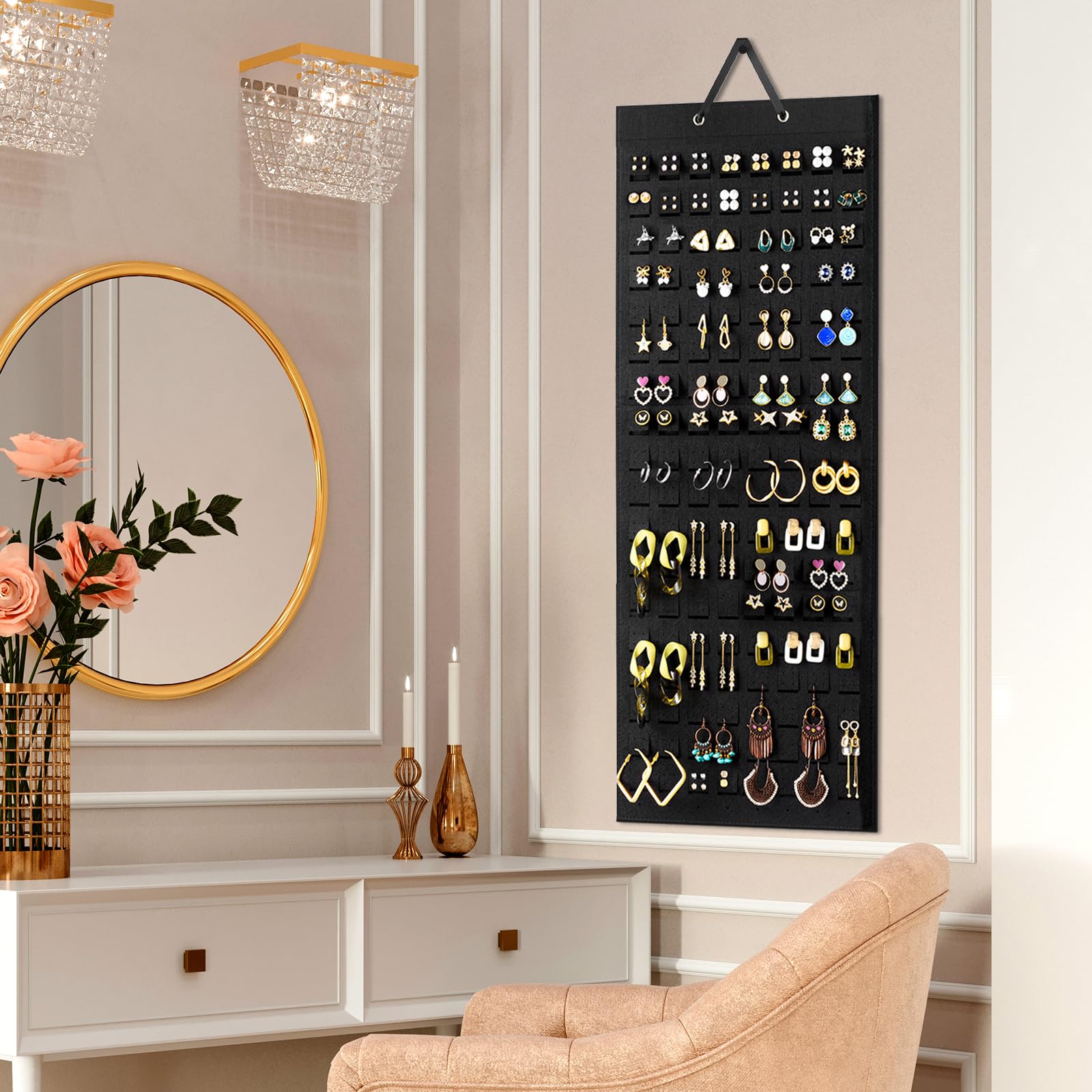 Lolalet 20-Hook Wall Mount Earring Organizer with 608 Holes - Black Felt Jewelry Display for Stud & Hanging Earrings - Perfect for Bedroom, Bathroom & Closet Storage (1 Pack)