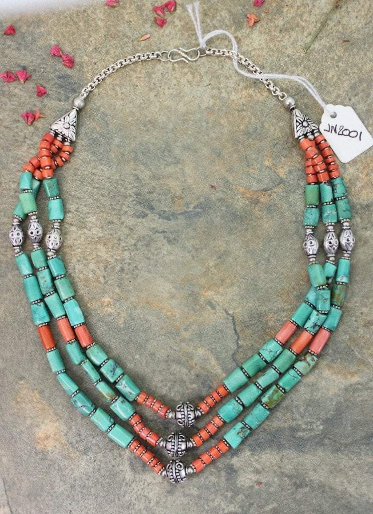 3 Strand Turquoise and Silver Tibetan Traditional Necklace - Handmade Boho Jewelry for Women, Spiritual Healing & Festival Accessories | Perfect for Yoga, Meditation, and Cultural Events