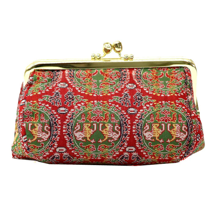 Authentic Kyoto Nishijin Ori Small Pouch - White Tiger & Phoenix Red Design | Japanese Handmade Cosmetic Makeup Bag | Gamaguchi Style Travel Toiletry Organizer | Perfect for Daily Use, Gift Giving & Traditional Japanese Fashion Accessory