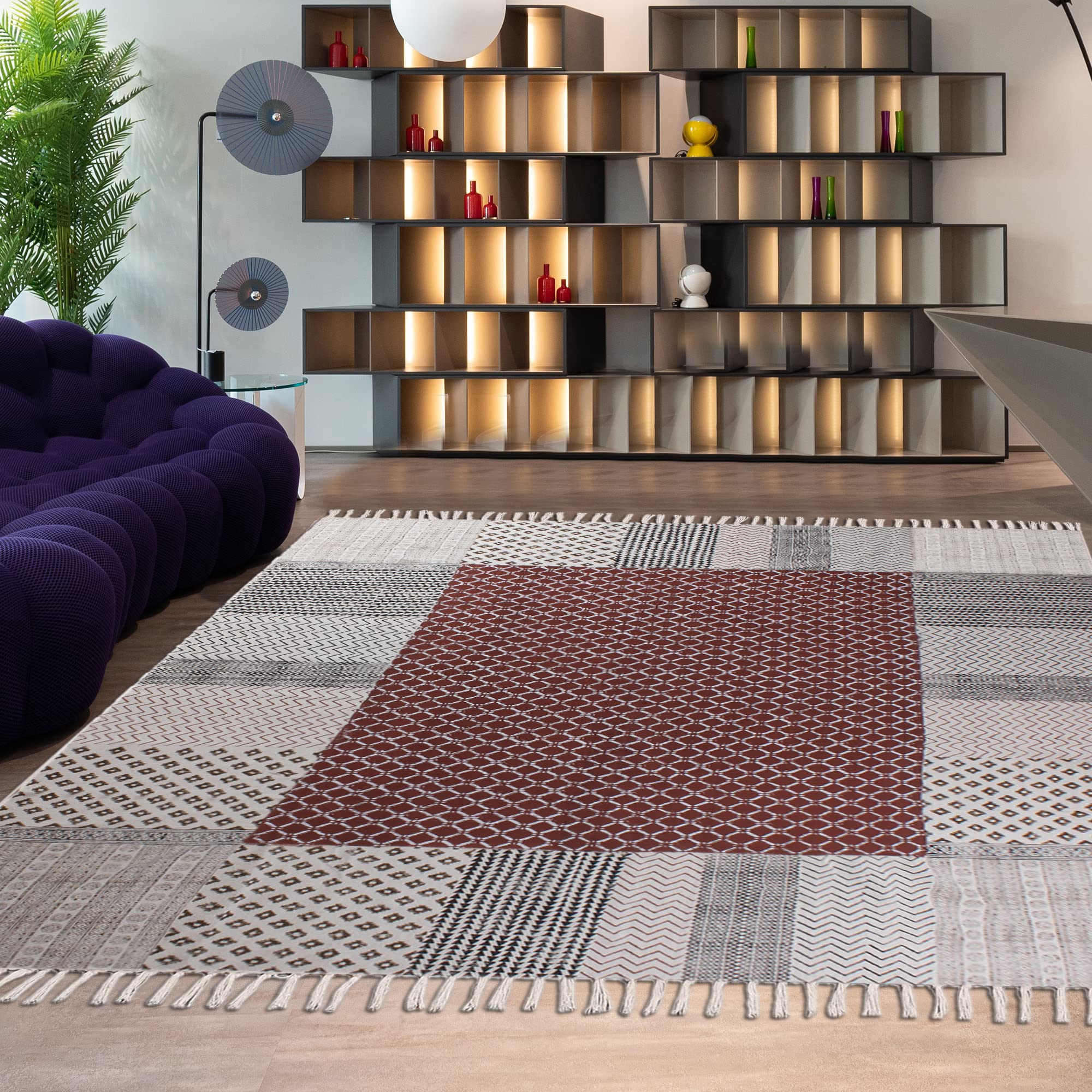 4x6 Brown Cotton Dhurrie Geometric Kilim Rug - Rectangular Area Rug for Indoor & Outdoor Use, Flatweave High Traffic Carpet - Perfect for Bedroom, Dining Room & Living Room Decor