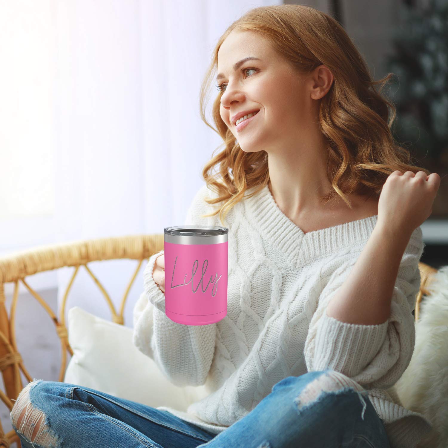 Personalized Pink Matte Finish 15 oz Stainless Steel Vacuum Insulated Coffee Mug with Handle - Custom Engraved Gift for Her, Perfect for Office, Home & Travel Use