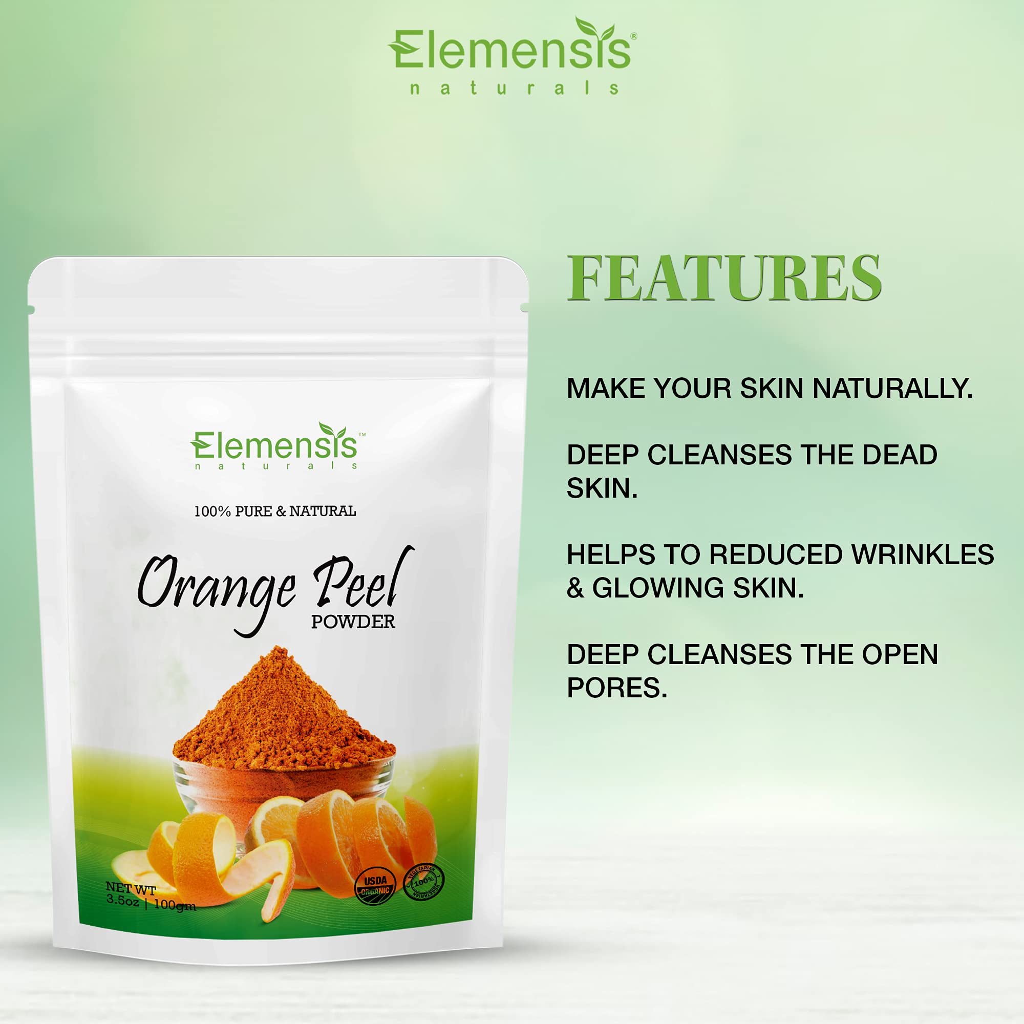 Elemensis Naturals Pure Orange Peel Powder for Skin Brightening - 100g Face Mask for Glowing Skin, Acne Treatment & Pimple Control - Natural Skin Whitening Solution for Daily Skincare Routine