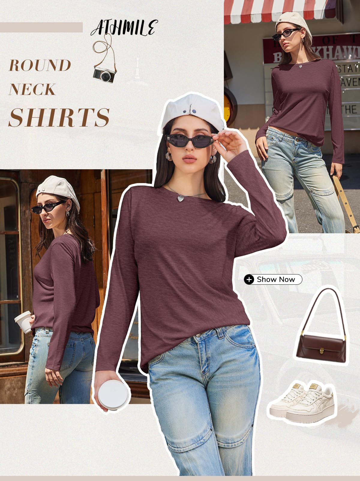 ATHMILE Women's Long Sleeve Basic T-Shirt - Trendy Fall & Spring Casual Top for Business, Beach Vacation & Workout | 2025 Fashion Staple | Perfect for Office Wear, Travel & Gym