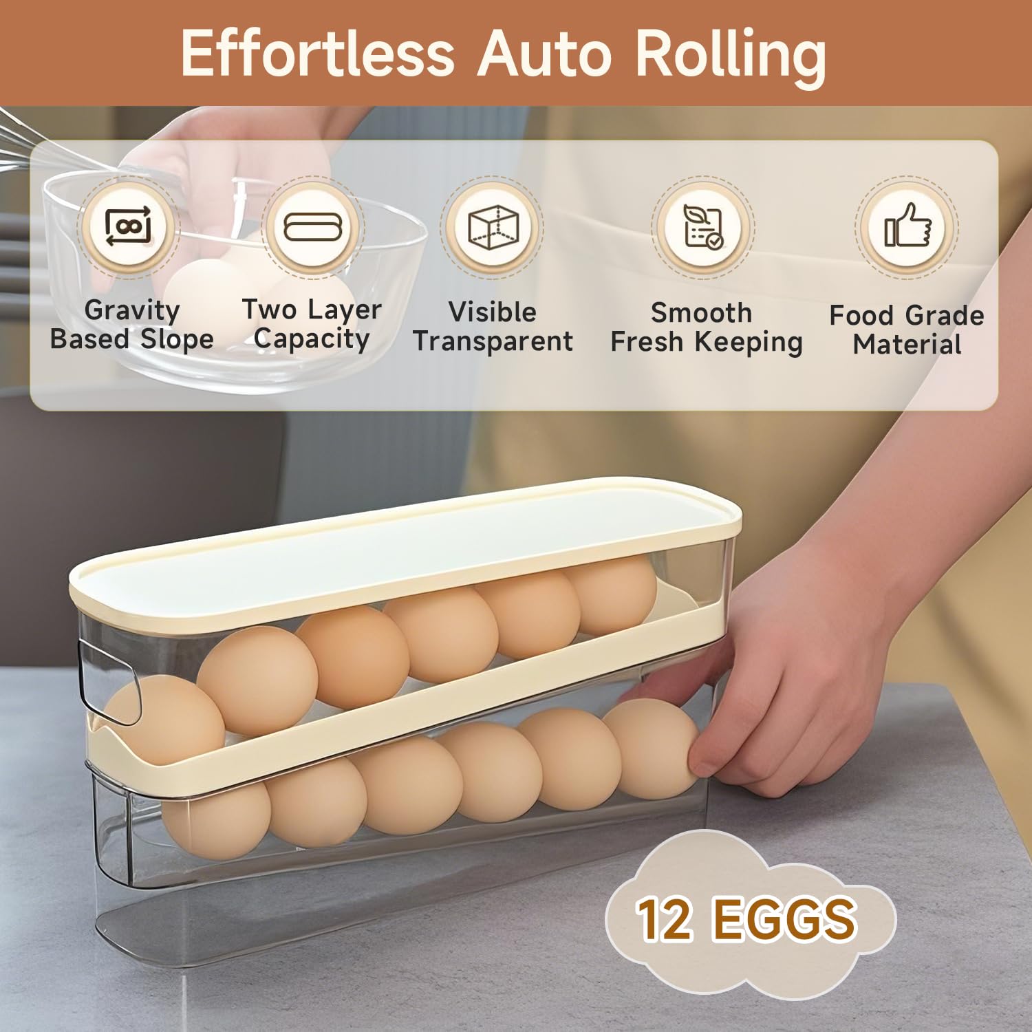Automatic Rolling Egg Holder for Refrigerator - Space Saving Egg Dispenser Storage Container for Kitchen Countertop, Pantry & Outdoor Use (3.35