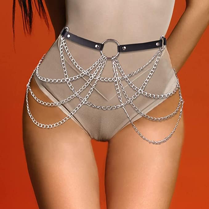 Flovel Punk Black Leather Body Chain - Multilayered Waist & Belly Chain Jewelry for Women | Gothic, Rave & Festival Fashion Accessory | Perfect for Concerts, Parties and Biker Outfits