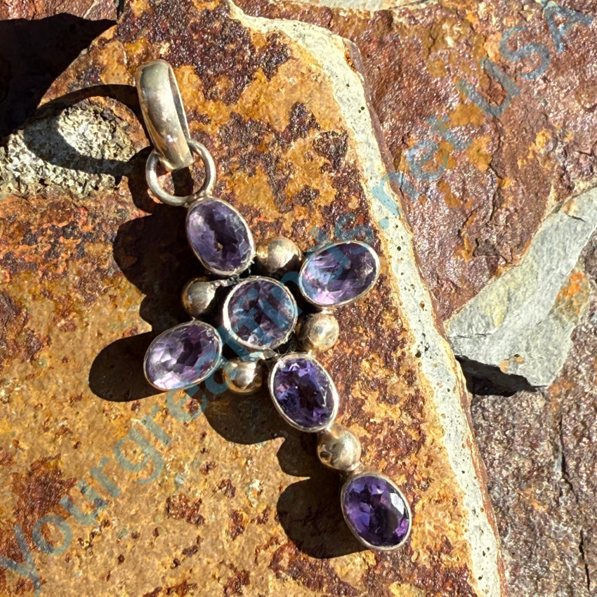 Vintage Sterling Silver & Faceted Purple Amethyst Cross Pendant Necklace - Elegant Religious Jewelry for Women, Perfect for Church, Weddings & Special Occasions