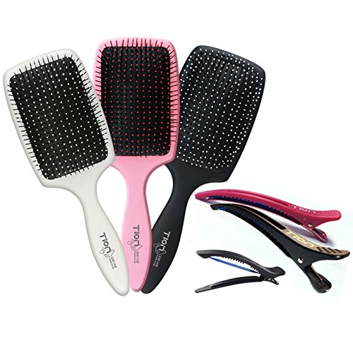 TION Detangling Hair Brush Set - 3 Pack with Hair Clips for Wet & Dry Hair | Negative Ion Technology for Smooth Detangling | Perfect for All Hair Types (Pink, Black, White) | Great for Shower, Salon & Travel Use | TionHair