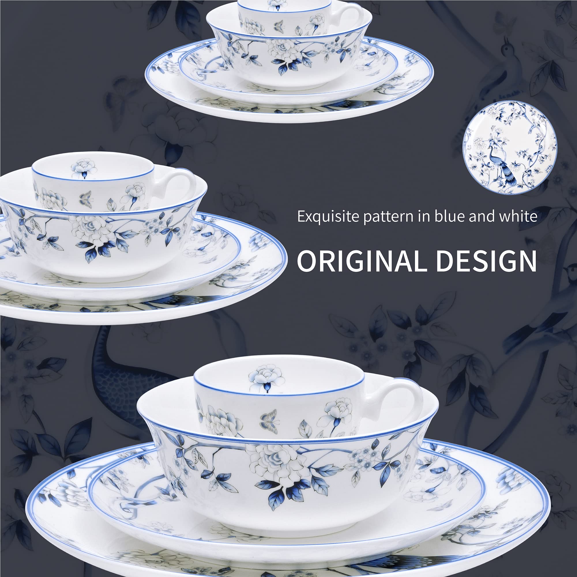 16-Piece Premium Bone China Dinnerware Set for 4 - Blue and White Porcelain Plates, Bowls & Coffee Cups - Elegant Tableware for Dining, Entertaining & Daily Use - Jingdezhen Porcelain Collection