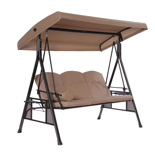 DAVEBELLA 3-Person Outdoor Swing Chair with Cup Holders, Cushions, Pillows & Adjustable Canopy - Perfect for Patio, Garden, Porch or Backyard Relaxation