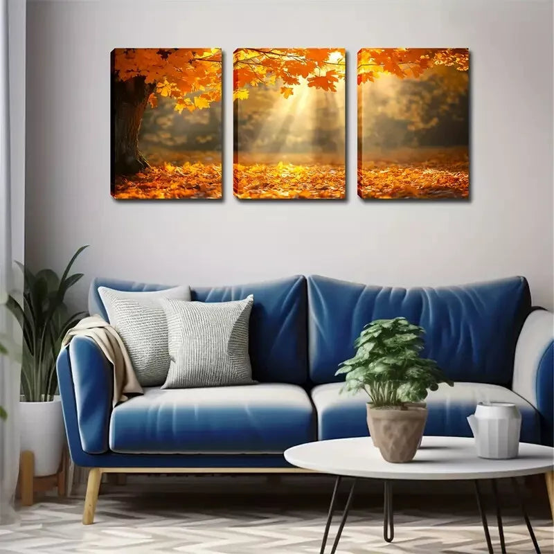 3-Piece Romantic Maple Leaves & Sunlight Triptych Wall Art Set - Framed Canvas 40x60cm (16x24 inches) | High-Quality Print | 100% Australian Made | Ready to Hang | Perfect for Living Room, Bedroom & Office Decor