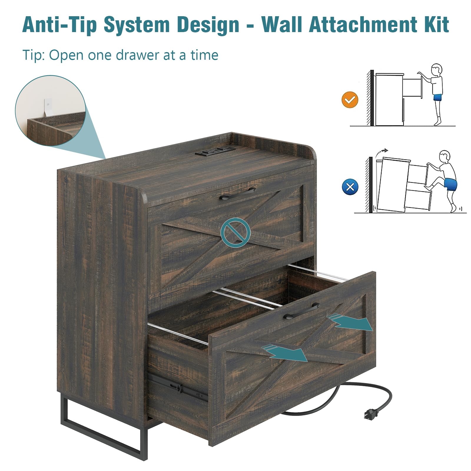 2-Drawer Lateral File Cabinet with USB Charging Station - Legal/Letter/A4 Hanging File Storage - Modern Farmhouse Wood Office Furniture for Home & Workspace (Dark Rustic Oak) - Perfect for Organizing Documents & Charging Devices in Home Offices, Study Rooms & Small Businesses
