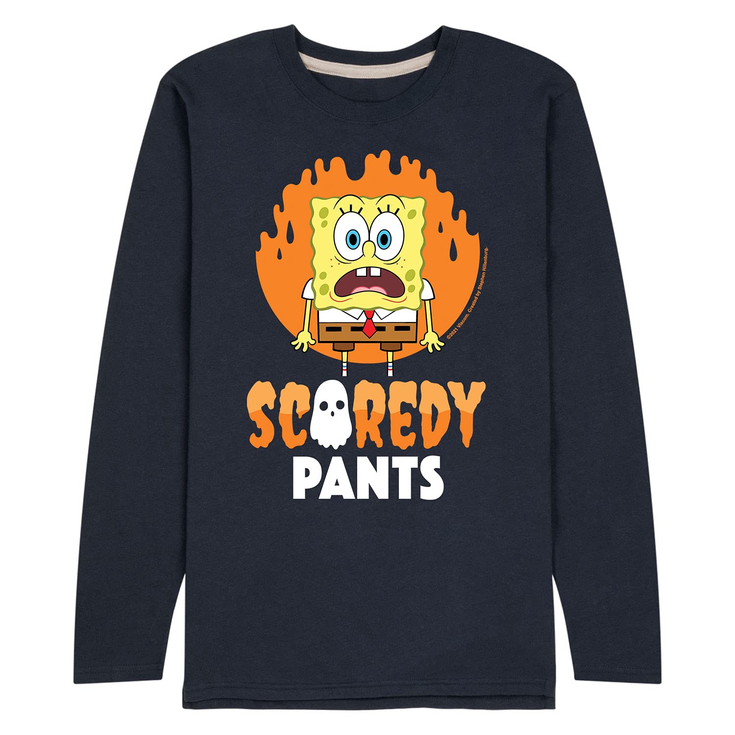 Spongebob Squarepants Scaredy Pants Men's Long Sleeve Jersey T-Shirt - Hybrid Apparel - Comfortable Cartoon Graphic Tee for Casual Wear, Halloween Costumes & Funny Gifts