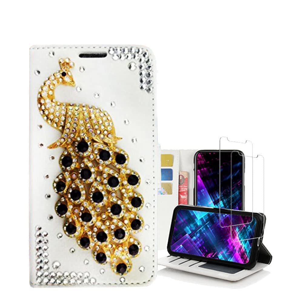 Sparkly 3D Handmade Crystal Wallet Phone Case for iPhone 13 Pro Max - Peacock & Black Leather Cover with Screen Protector (2 Pack) | Perfect for Parties, Weddings & Everyday Glam Accessory