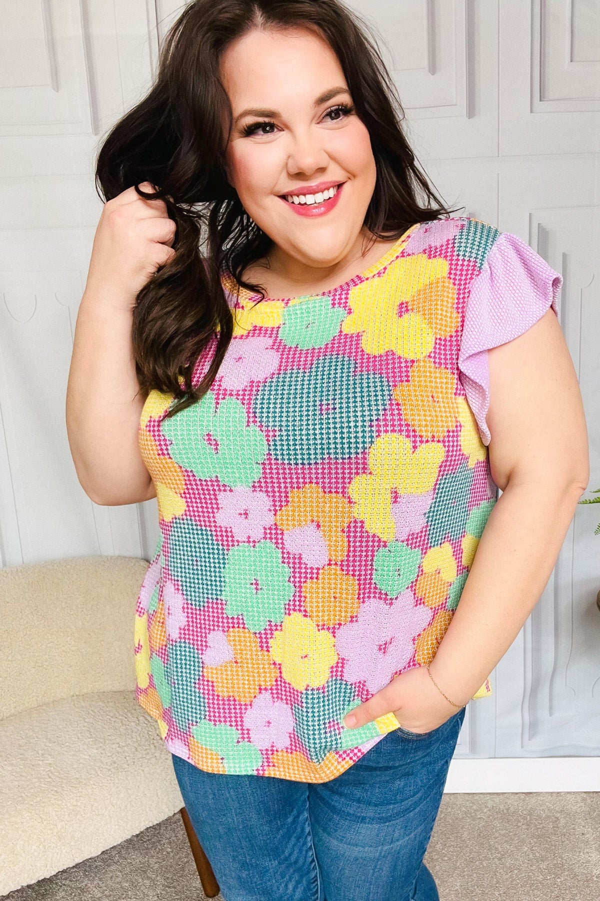 Playful Fuchsia Floral Textured Ruffle Sleeve Top for Women - Trendy Blouse for Casual Outings, Dates & Summer Parties