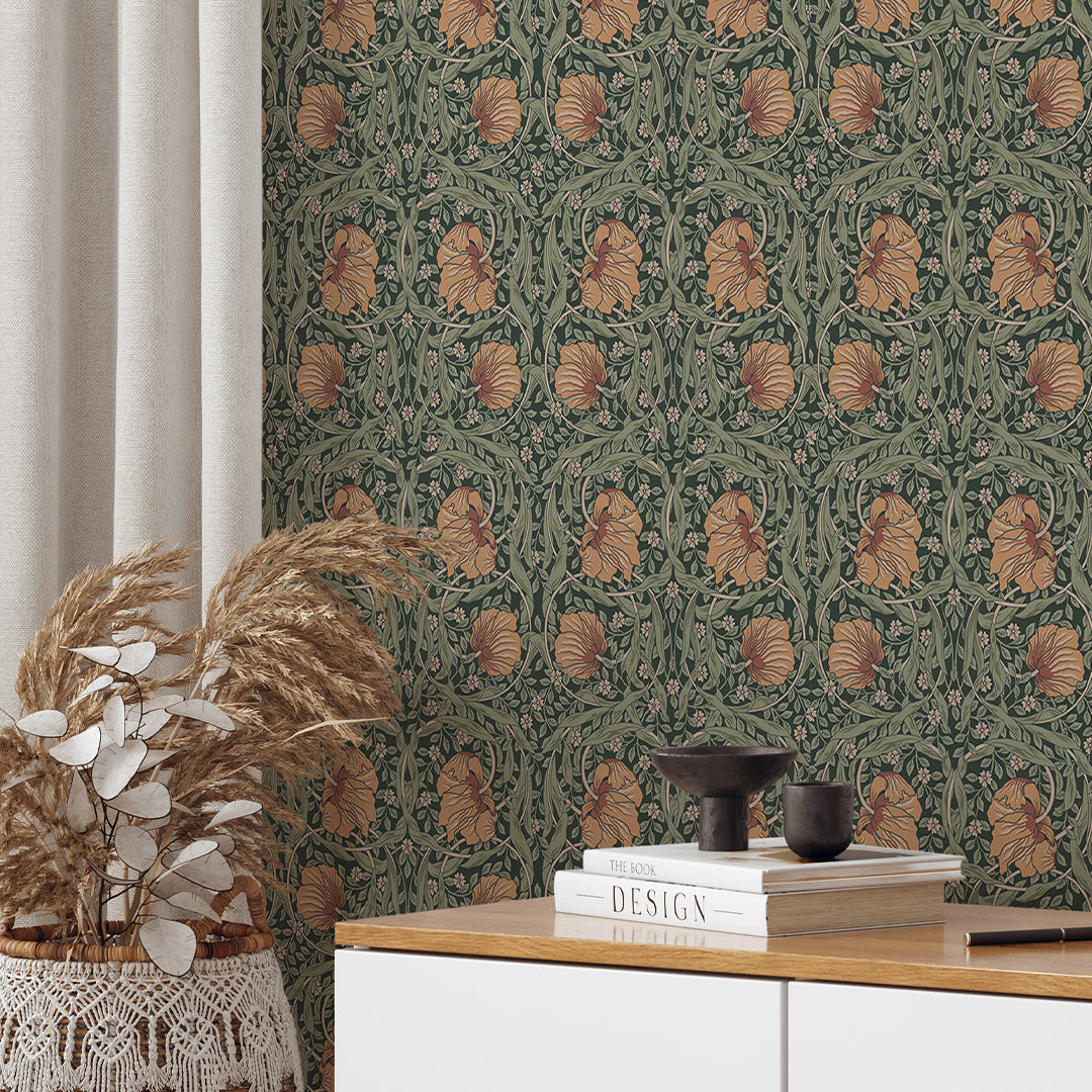 Morris Wallpaper W081 Orange & Green Pimpernel Floral Wallpaper - Perfect for Living Room, Bedroom, or Nursery Decor
