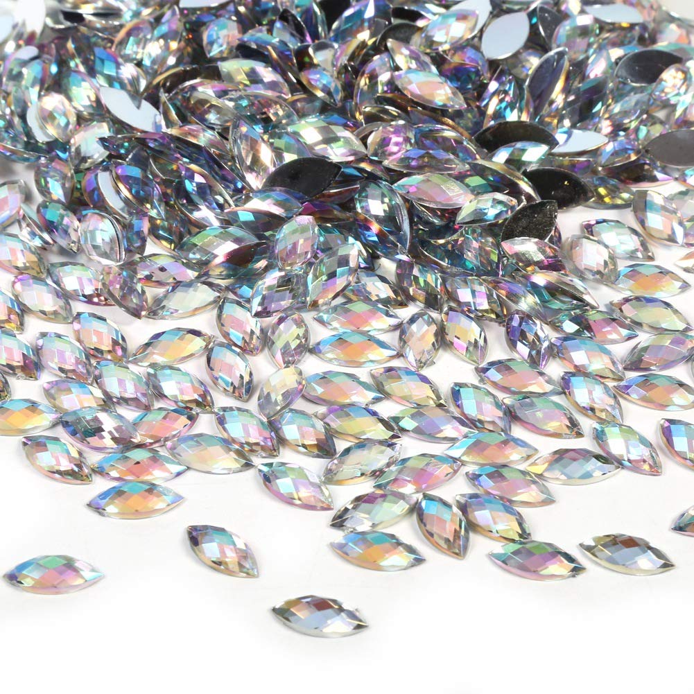 500Pcs White Acrylic Flat Back Rhinestones - 7x15mm Horse Eye Shape AB Crystal Gems for DIY Crafts, Nail Art, Face Decoration, Clothing, Shoes & Bags - Perfect for Costume Design, Wedding Decor & Jewelry Making