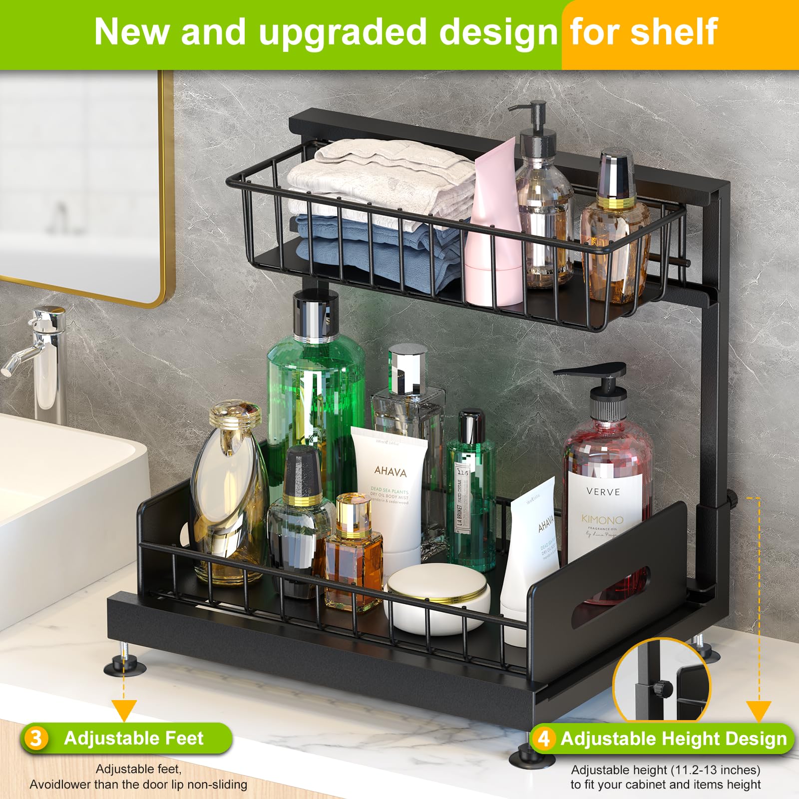 2 Pack Under Sink Organizer - Adjustable 2 Tier Pull Out Cabinet Shelf for Kitchen & Bathroom Storage | Space Saving Slide Out Organizer for Cleaning Supplies, Spices & Toiletries