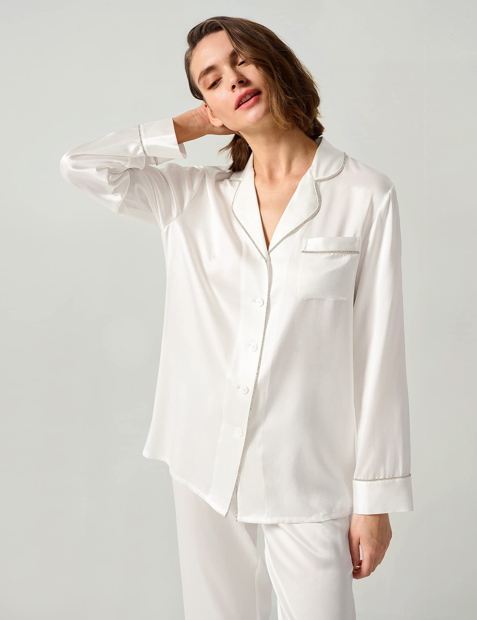 Luxury 100% Pure Silk Pajama Set for Women - Rhinestone Trim Long Sleeve Button Down Sleepwear & Loungewear | Perfect for Relaxing at Home, Spa Days & Romantic Getaways