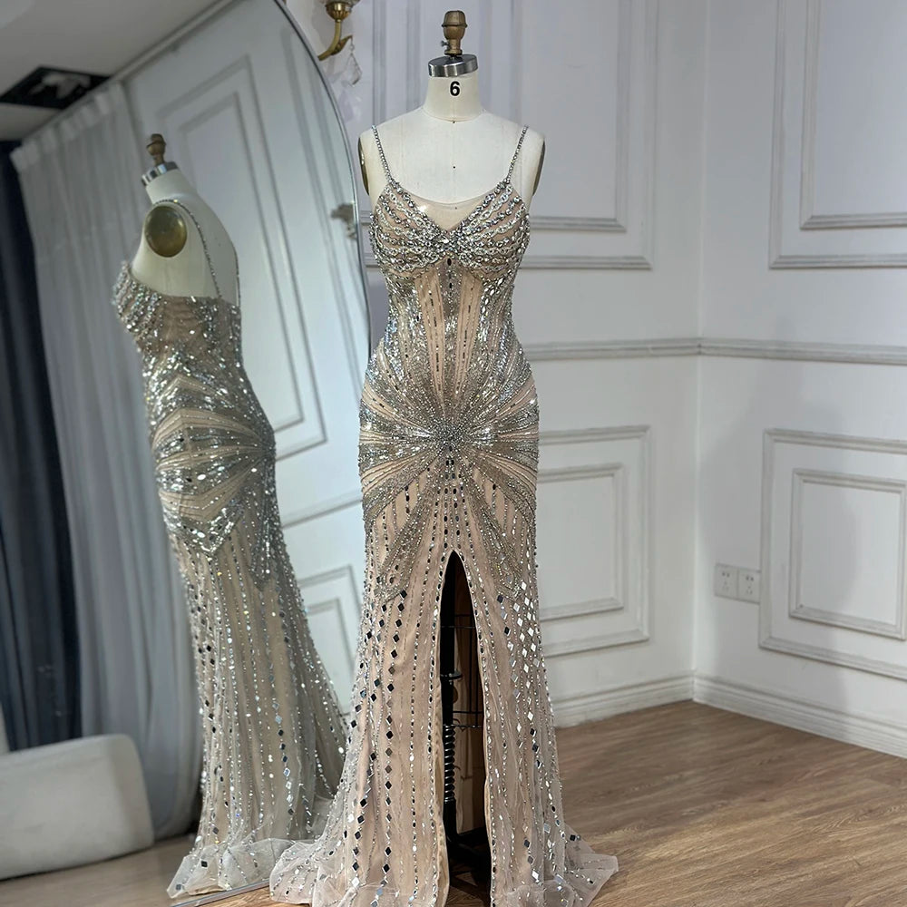Luxury Dubai Silver Nude Beaded Spaghetti Strap Mermaid Evening Dress Gown for Women - Formal Party, Prom, Wedding Guest, Red Carpet Events LA72803