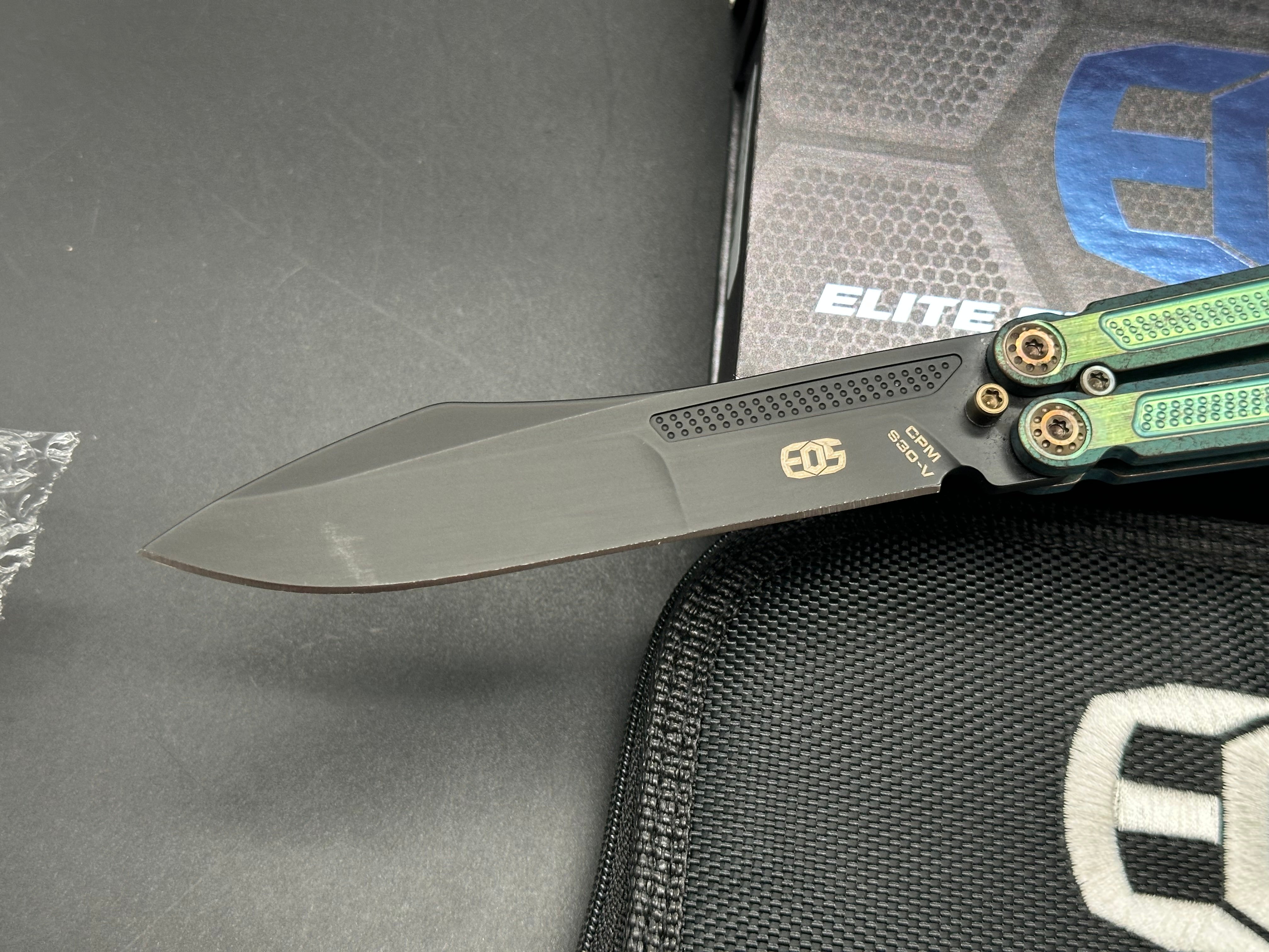 EOS Trident Balisong Butterfly Knife - Antique Green Bronze Titanium Handles with Gold Latch & Hardware | Collectible EDC Tool for Flipping Tricks & Outdoor Survival