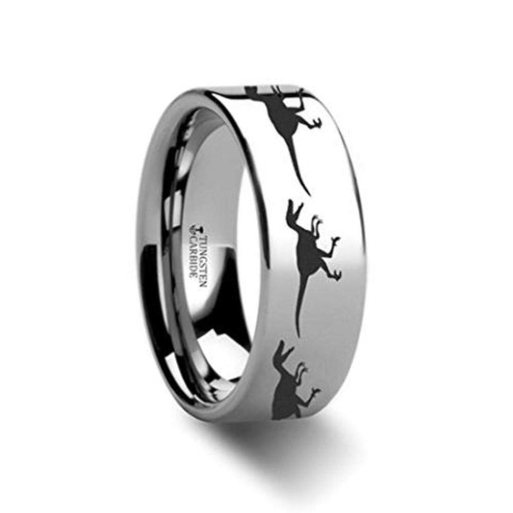 Dinosaur Rings for Men - Velociraptor Prehistoric Tungsten Wedding Band 12mm Wide, Custom Engraved Inside - Perfect for Gifts, Anniversary & Unique Jewelry Lovers