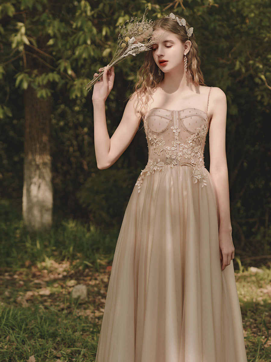 Elegant Champagne Tulle Lace Tea Length Prom Dress & Evening Gown for Formal Events, Weddings, and Special Occasions
