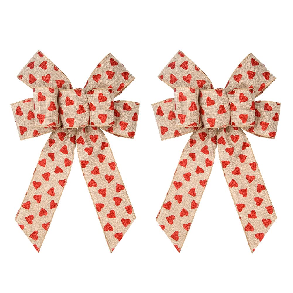 2 PCS Valentine's Day Wreath Bows - Glitter Red Heart Bows with Natural Burlap for Front Door, Wedding & Party Decorations - Perfect for Valentine's Wreaths, Home Decor and Gift Wrapping