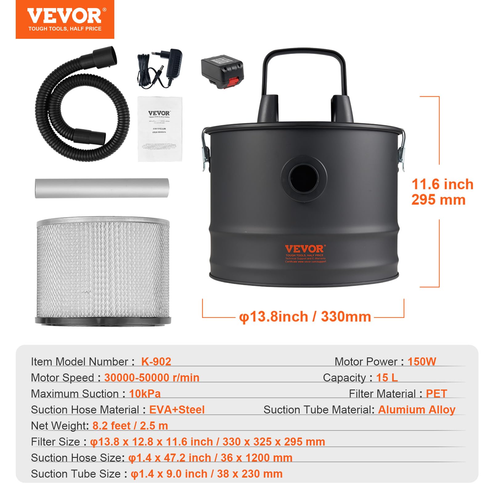 VEVOR 15L Cordless Ash Vacuum Cleaner - Powerful 10Kpa Suction, Portable & Lightweight with Reverse Function & 5.9ft Cable - Ideal for Fireplaces, Pellet Stoves, Wood Stoves (Black) | Perfect for Home Heating Maintenance & Fireplace Ash Cleanup