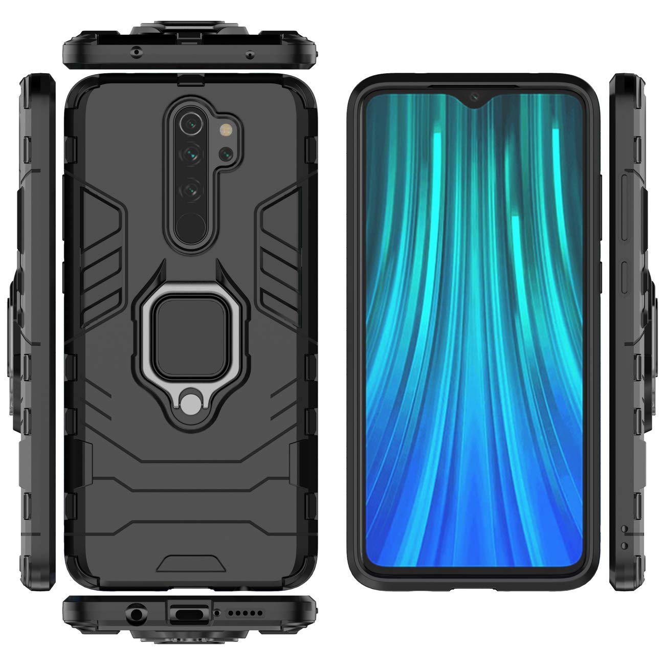 Xiaomi Redmi Note 8 Pro Case with 360° Rotating Ring Holder & Kickstand - Magnetic Car Mount Compatible - Shockproof Protective Cover (Black) - Perfect for Driving, Watching Videos & Hands-Free Use