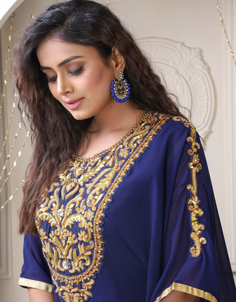 Exquisite Arabic Dark Blue Georgette Farasha with Stone Embroidery - Perfect for Weddings, Parties & Special Occasions