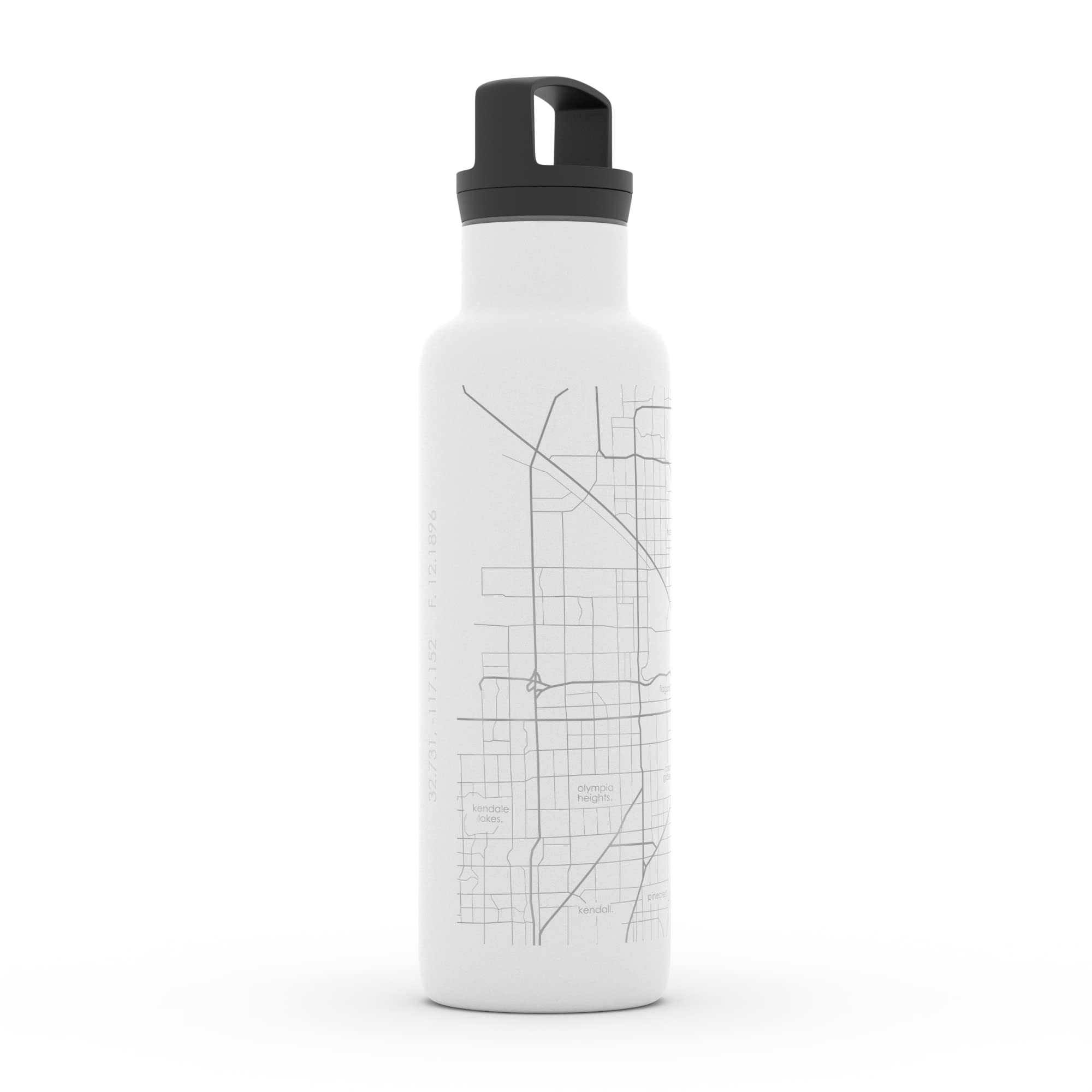 Personalized Engraved Miami Florida Map Stainless Steel Insulated Water Bottle - 21oz White Travel Tumbler with Double Wall Vacuum Insulation for Hot & Cold Drinks - Perfect for Hiking, Camping, Beach & Office Use
