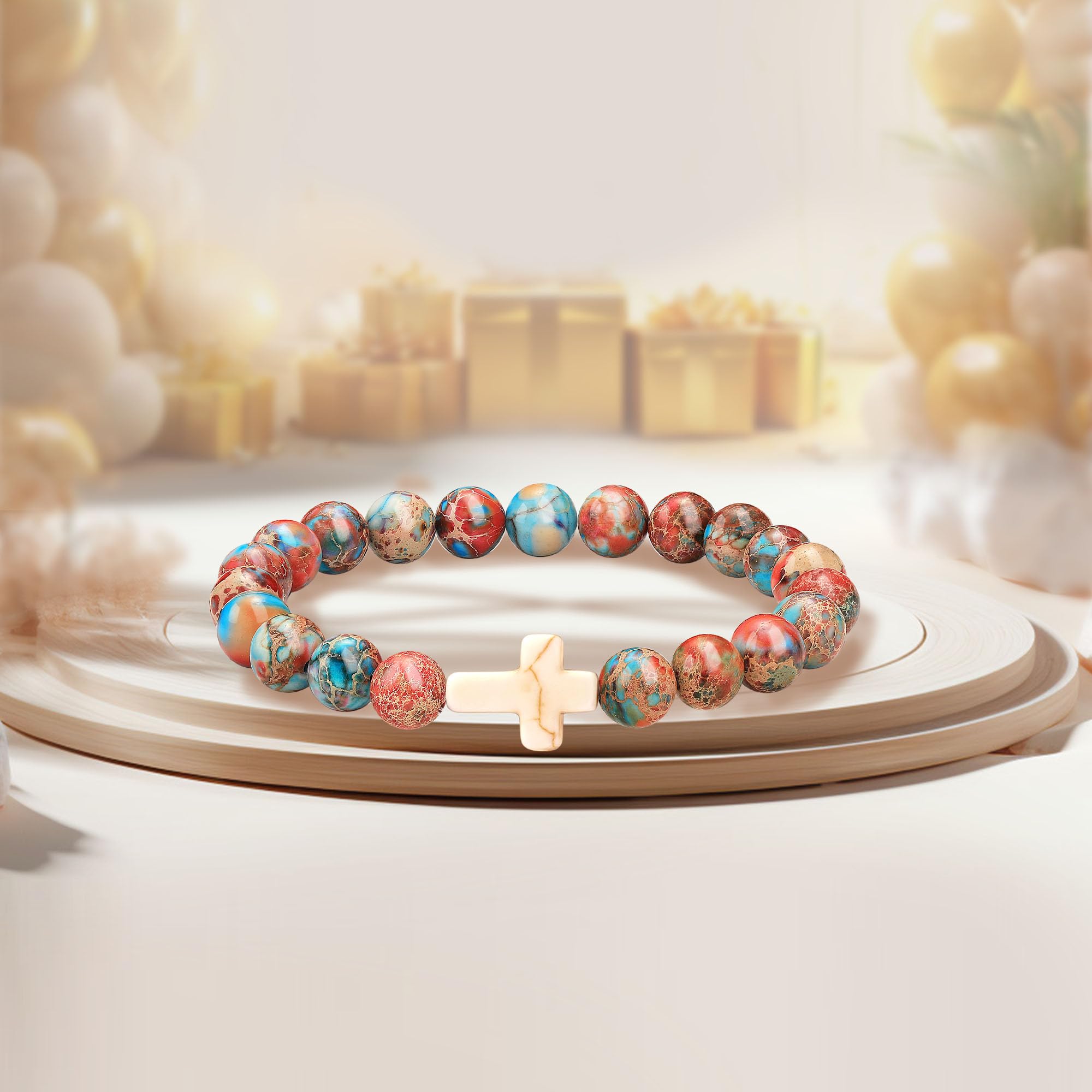 JSJOY Natural Stone Beaded Bracelet - Inspirational Cross Charm Birthday Gift for Women & Girls Age 6-80 (Daughter, Granddaughter, Niece, Mom, Sister) - Christian Jewelry for Easter, Baptism & Daily Wear