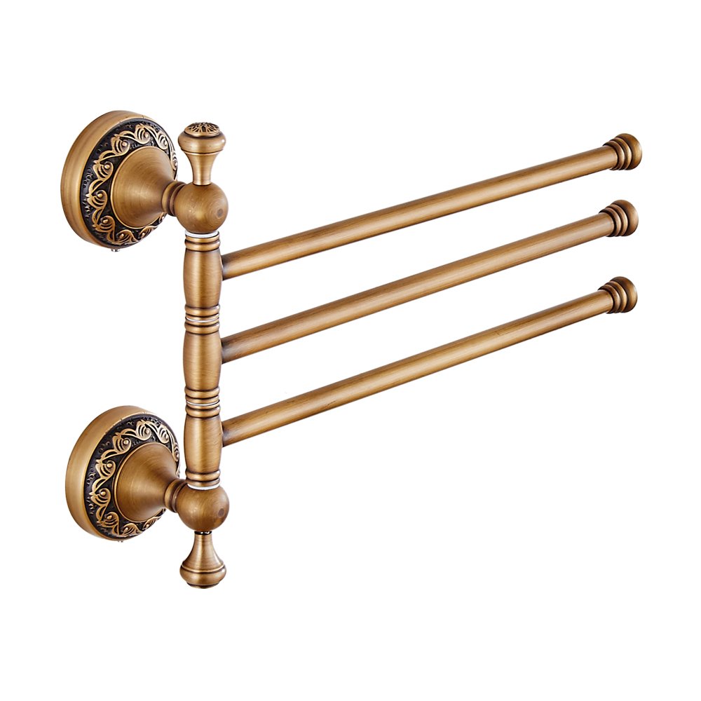 Leyden Swivel Towel Bar - Antique Brass 3-Arm Rotating Towel Rack Holder for Bathroom, Kitchen & Laundry Room - Rust-Resistant & Space-Saving Design