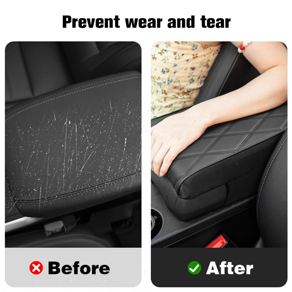 Premium Leather Car Armrest Cover with Memory Foam Padding - Universal Waterproof Center Console Protector for SUV, Truck & Sedan - Comfort Upgrade for Long Drives & Daily Commutes (Black)
