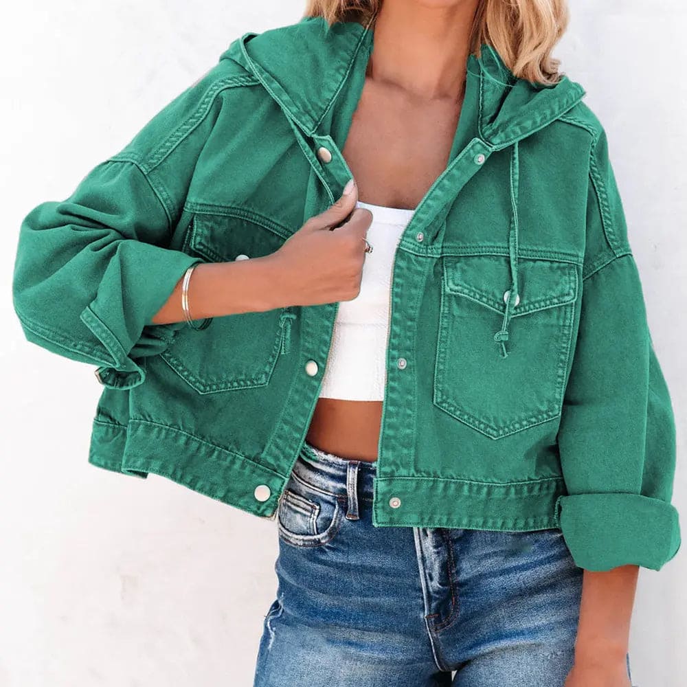 Trendy Hooded Dropped Shoulder Denim Jacket for Women - Distressed Oversized Denim Coat with Pockets - Perfect for Casual Outfits, Streetwear & Fall Layering