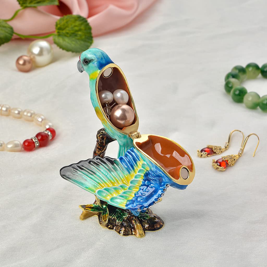 Exquisite Golden Crystal Enameled Parrot Jewelry Box - Hand-Painted Hinged Bird Trinket Case | Elegant Home Decor & Unique Gift for Bird Lovers | Perfect for Jewelry Storage, Display & Special Occasion Gifting