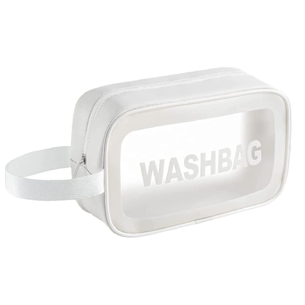 **Flywind Clear Toiletry Bag - Waterproof PVC Cosmetic Travel Organizer with Zipper for Women & Men (White, Medium) - Perfect for Travel, Gym, and Makeup Storage**