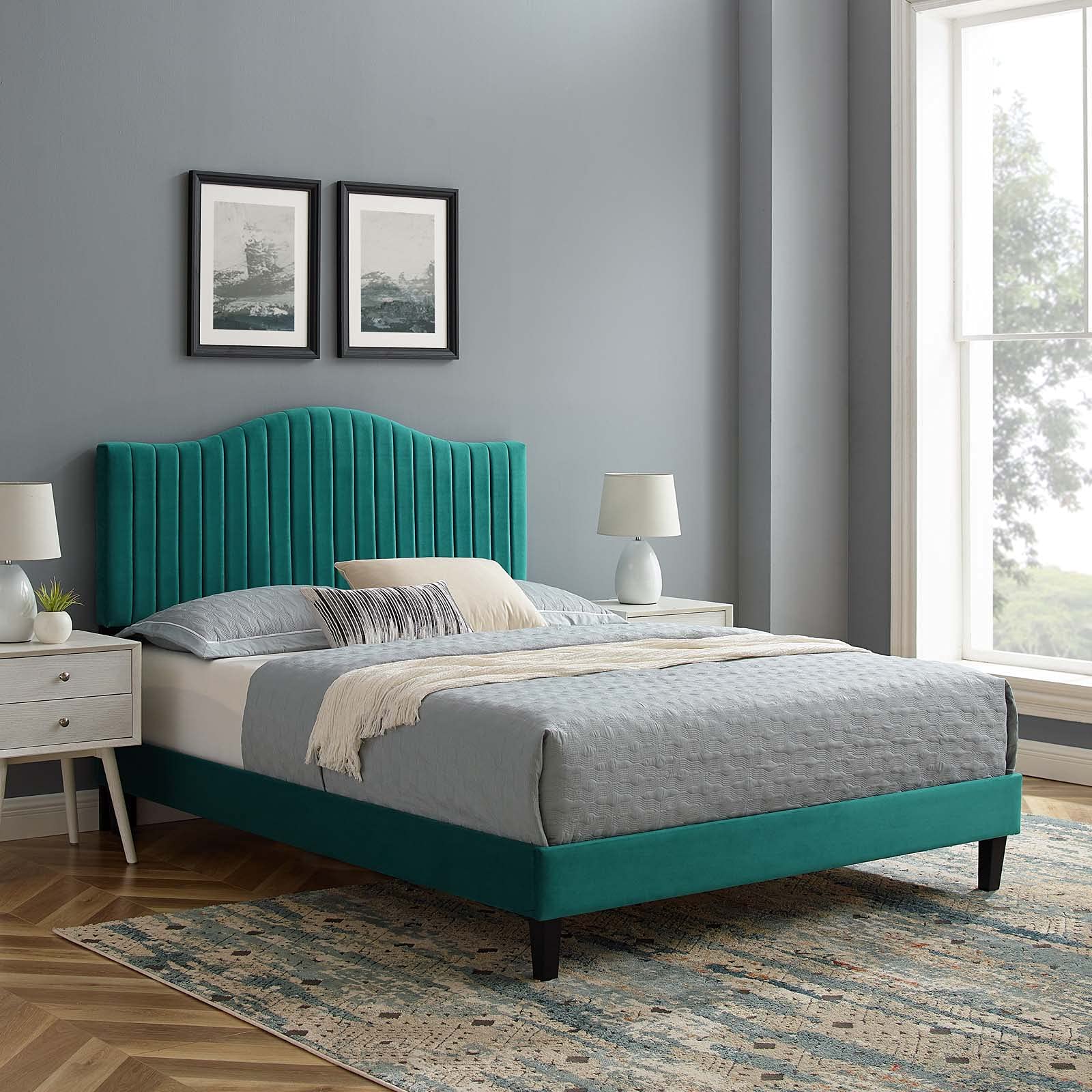 Modway Juniper King Size Platform Bed Frame in Teal - Modern Minimalist Bedroom Furniture for Small Spaces & Guest Rooms
