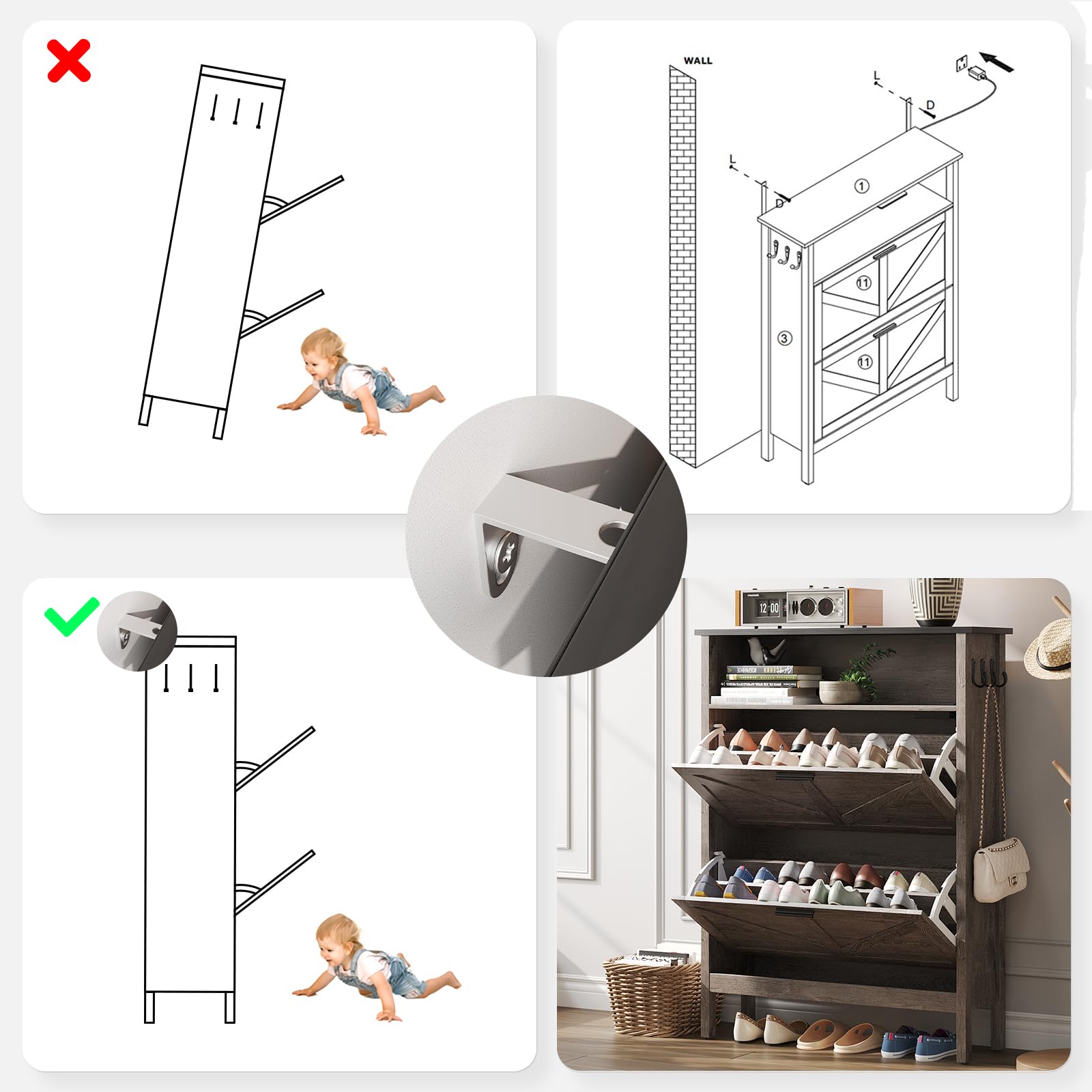 Shoe Storage Cabinet with 2 Flip Drawers - Automatic Deodorizing Shoe Organizer - Freestanding Grey Shoe Rack for Closet, Entryway & Bedroom Organization