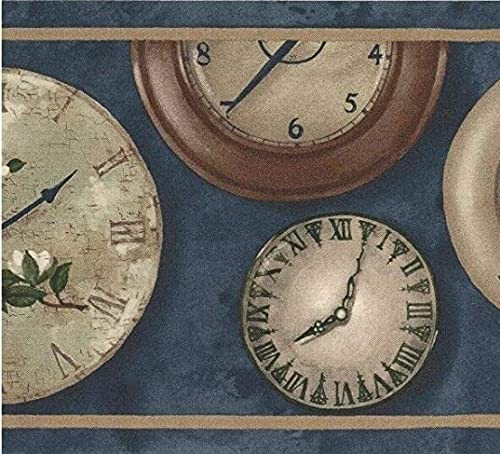CONCORD WALLCOVERINGS ™ Vintage Clock Pattern Wallpaper Border - Blue, Brown, Beige & Green Wall Watches Design (8