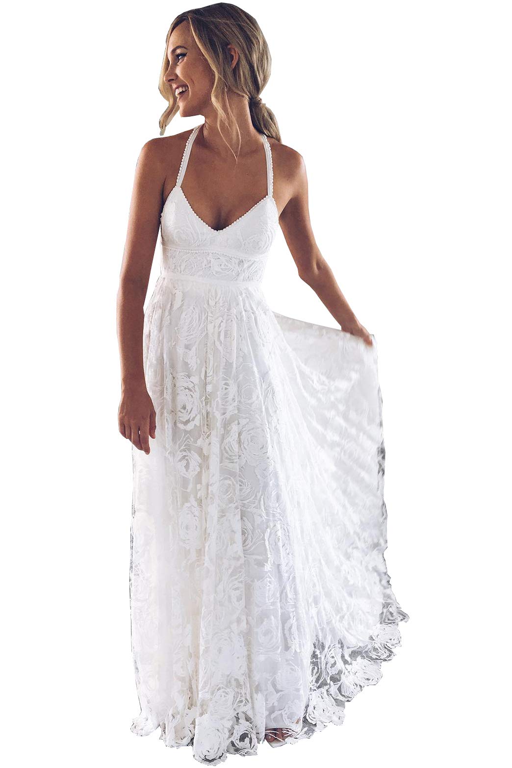 Elegant V-Neck Long Beach Wedding Dress with Lace Open Back & High Slit - Perfect for Beach Weddings, Boho Bridal Gowns & Romantic Outdoor Ceremonies