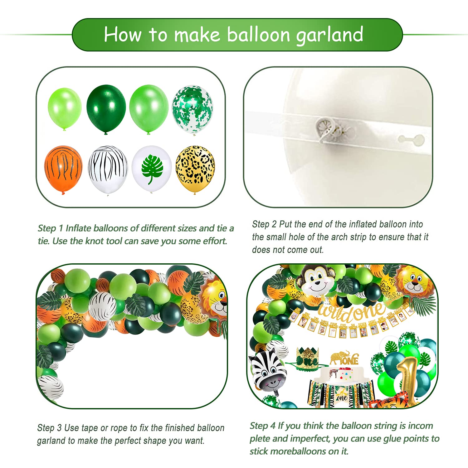Wild One Jungle Theme Birthday Party Decorations Set - Leaf Garland, Baby Photo Banner, Highchair Banner, Cake Topper, Balloon Arch & Crown for 1st Birthday Safari Decor | Perfect for Baby Shower, Animal-Themed Parties & Nursery Room Decorations
